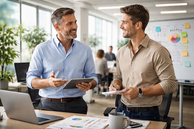 Chef och ledare i samtal med medarbetare på arbetsplats – två kollegor står vid skrivbord i modern kontorsmiljö och diskuterar idéer omtänksamt och engagerat.